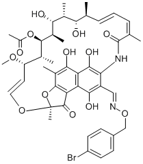 2,7-(Epoxypentadeca(1,11,13)trienimino)naphtho(2,1-b)furan-1,11(2H)-di one, 3-formyl-5,6,9,17,19,21-hexahydroxy-23-methoxy-2,4,12,16,18,20,22 -heptamethyl-, 21-acetate, O-(4-bromobenzyl)oxime Struktur