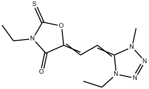 3-ethyl-5-[(1-ethyl-1,4-dihydro-4-methyl-5H-tetrazol-5-ylidene)ethylidene]-2-thioxooxazolidin-4-one Struktur