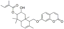 (-)-2-Methyl-2-butenoic acid 1,2,3,4,4a,5,8,8a-octahydro-3-hydroxy-1,1,4a,6-tetramethyl-5-[[(2-oxo-2H-1-benzopyran-7-yl)oxy]methyl]naphthalen-2-yl ester Struktur