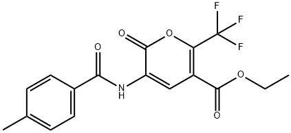 ethyl 3-[(4-methylbenzoyl)amino]-2-oxo-6-(trifluoromethyl)-2H-pyran-5-carboxylate Struktur