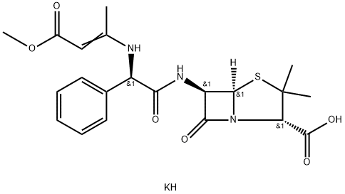 potassium [2S-[2alpha,5alpha,6beta(S*)]]-6-[[[(3-methoxy-1-methyl-3-oxoprop-1-enyl)amino]phenylacetyl]amino]-3,3-dimethyl-7-oxo-4-thia-1-azabicyclo[3.2.0]heptane-2-carboxylate Struktur