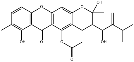 5-Acetoxy-3,4-dihydro-2,7-dihydroxy-3-(1-hydroxy-3-methyl-2-methylenebutyl)-2,8-dimethyl-2H,6H-pyrano[3,2-b]xanthen-6-one Struktur