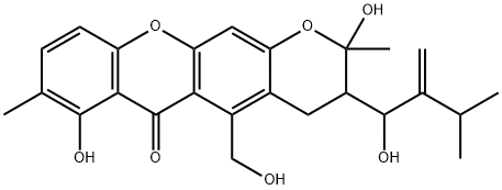 3,4-Dihydro-2,7-dihydroxy-5-hydroxymethyl-3-(1-hydroxy-3-methyl-2-methylenebutyl)-2,8-dimethyl-2H,6H-pyrano[3,2-b]xanthen-6-one Struktur