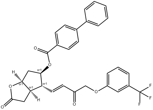 rel-[1,1'-Biphenyl]-4-carboxylic acid (3aR,4R,5R,6aS)-hexahydro-2-oxo-4-[(1E)-3-oxo-4-[3-(trifluoromethyl)phenoxy]-1-buten-1-yl]-2H-cyclopenta[b]furan-5-yl ester Struktur