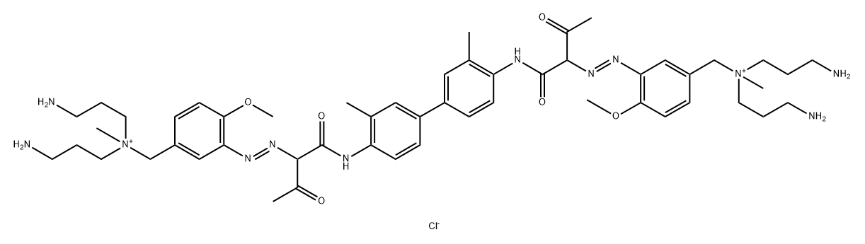 3,3'-[(3,3'-dimethyl[1,1'-biphenyl]-4,4'-diyl)bis[imino(1-acetyl-2-oxoethane-1,2-diyl)azo]]bis[bis(3-aminopropyl)(p-methoxybenzyl)methylammonium] dichloride Struktur