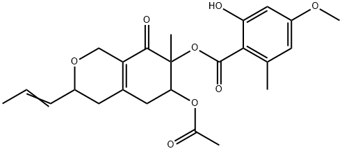 2-Hydroxy-4-methoxy-6-methylbenzoic acid 6-acetoxy-3,4,5,6,7,8-hexahydro-7-methyl-8-oxo-3-(1-propenyl)-1H-2-benzopyran-7-yl ester Struktur