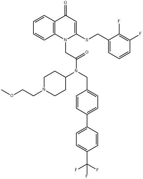 2-[[(2,3-Difluorophenyl)methyl]thio]-N-[1-(2-methoxyethyl)-4-piperidinyl]-4-oxo-N-[[4'-(trifluoromethyl)[1,1'-biphenyl]-4-yl]methyl]-1(4H)-quinolineacetamide Struktur