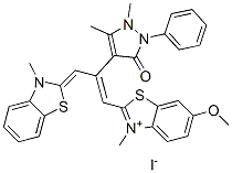 2-[2-(2,3-dihydro-1,5-dimethyl-3-oxo-2-phenyl-1H-pyrazol-4-yl)-3-(3-methyl-3H-benzothiazol-2-ylidene)prop-1-enyl]-6-methoxy-3-methylbenzothiazolium iodide Struktur