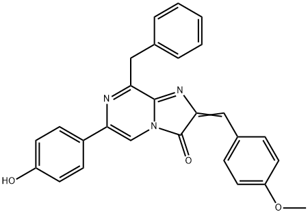 Imidazo[1,2-a]pyrazin-3(2H)-one,  6-(4-hydroxyphenyl)-2-[(4-methoxyphenyl)methylene]-8-(phenylmethyl)- Struktur