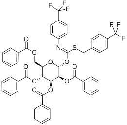 2,3,4,6-TETRA-O-BENZOYL-ALPHA-D-GLUCOPYRANOSYL P-TRIFLUOROMETHYLBENZYLTHIO-N-(P-TRIFLUOROMETHYLPHENYL)FORMIMIDATE Struktur