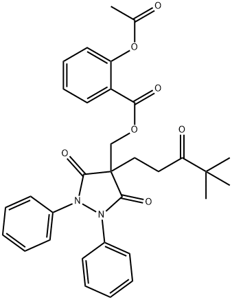 Benzoic acid, 2-(acetyloxy)-, (4-(4,4-dimethyl-3-oxopentyl)-3,5-dioxo- 1,2-diphenyl-4-pyrazolidinyl)methyl ester Struktur