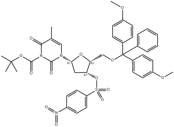 1-(2'-DEOXY-3'-O-(4-NITROBENZENESULFONYL)-5'-O-(4,4'-DIMETHOXYTRITYL)-BETA-D-THREO-PENTAFURANOSYL)-3-(TERT-BUTYLOXYCARBONYL)THYMINE Struktur