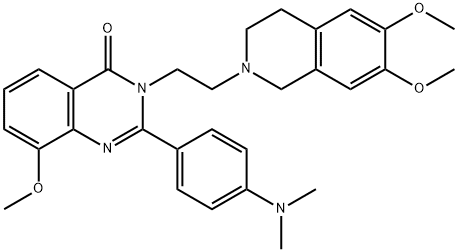 4(3H)-Quinazolinone,  3-[2-(3,4-dihydro-6,7-dimethoxy-2(1H)-isoquinolinyl)ethyl]-2-[4-(dimethylamino)phenyl]-8-methoxy- Struktur