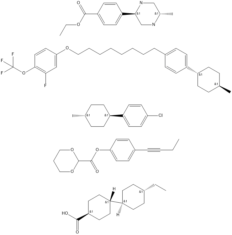 1,3-Dioxane-2-carboxylic acid, 4-(1-butynyl)phenyl ester, mixt. with 1-chloro-4-(trans-4-methylcyclohexyl)benzene, (trans,trans)-4′-ethyl[1,1′-bicyclohexyl]-4-carboxylic acid, rel-ethyl 4-[(2R,5S)-5-methyl-2-piperazinyl]benzoate and 2-fluoro-4-[[8-[4-(trans-4-methylcyclohexyl)phenyl]octyl]oxy]-1-(trifluoromethoxy)benzene (9CI) Struktur