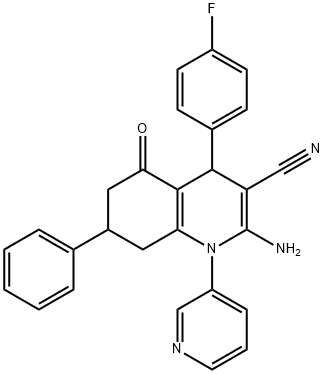 2-amino-4-(4-fluorophenyl)-5-oxo-7-phenyl-1-(3-pyridinyl)-1,4,5,6,7,8-hexahydro-3-quinolinecarbonitrile Struktur