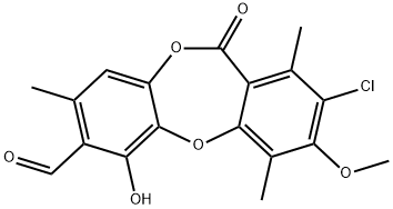 2-Chloro-6-hydroxy-3-methoxy-1,4,8-trimethyl-11-oxo-11H-dibenzo[b,e][1,4]dioxepin-7-carbaldehyde Struktur