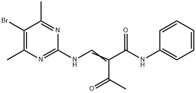 (E)-2-acetyl-3-[(5-bromo-4,6-dimethyl-2-pyrimidinyl)amino]-N-phenyl-2-propenamide Struktur