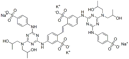 dipotassium disodium 4,4'-bis[[4-[bis(2-hydroxypropyl)amino]-6-[(4-sulphonatophenyl)amino]-1,3,5-triazin-2-yl]amino]stilbene-2,2'-disulphonate Struktur