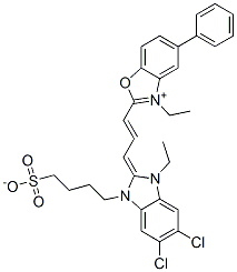 2-[3-[5,6-dichloro-1-ethyl-1,3-dihydro-3-(4-sulphonatobutyl)-2H-benzimidazol-2-ylidene]prop-1-enyl]-3-ethyl-5-phenylbenzoxazolium Struktur