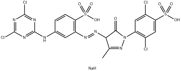 disodium 2,5-dichloro-4-[4-[[5-[(4,6-dichloro-1,3,5-triazin-2-yl)amino]-2-sulphonatophenyl]azo]-4,5-dihydro-3-methyl-5-oxo-1H-pyrazol-1-yl]benzenesulphonate Struktur