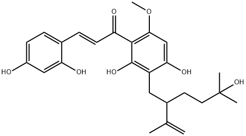 (2E)-1-[2,4-Dihydroxy-3-[5-hydroxy-5-methyl-2-(1-methylethenyl)hexyl]-6-methoxyphenyl]-3-(2,4-dihydroxyphenyl)-2-propen-1-one Struktur