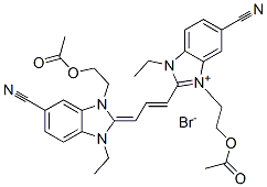 3-[2-(acetoxy)ethyl]-2-[3-[3-[2-(acetoxy)ethyl]-5-cyano-1-ethyl-1,3-dihydro-2H-benzimidazol-2-ylidene]-1-propenyl]-5-cyano-1-ethyl-1H-benzimidazolium bromide Struktur