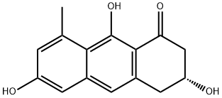 (-)-3,4-Dihydro-3,6,9-trihydroxy-8-methylanthracen-1(2H)-one Struktur