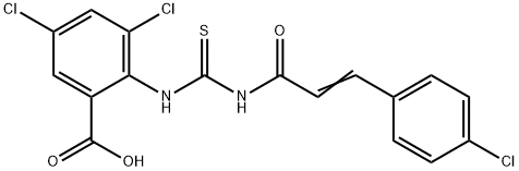 3,5-DICHLORO-2-[[[[3-(4-CHLOROPHENYL)-1-OXO-2-PROPENYL]AMINO]THIOXOMETHYL]AMINO]-BENZOIC ACID Struktur