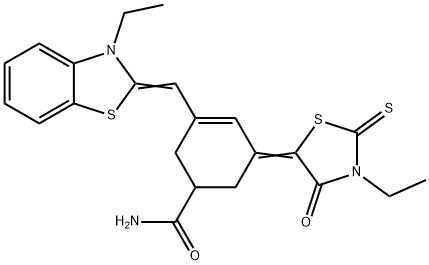 (5E)-5-(3-ETHYL-4-OXO-2-THIOXO-1,3-THIAZOLIDIN-5-YLIDENE)-3-[(Z)-(3-ETHYL-1,3-BENZOTHIAZOL-2(3H)-YLIDENE)METHYL]CYCLOHEX-3-ENE-1-CARBOXAMIDE Struktur