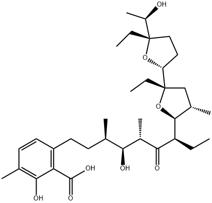 6-[(3R,4S,5S,7R)-7-[(2S,2'R,4S,5S,5'S)-2,5'-Diethyloctahydro-5'-[(R)-1-hydroxyethyl]-4-methyl[2,2'-bifuran]-5-yl]-4-hydroxy-3,5-dimethyl-6-oxononyl]-2-hydroxy-3-methylbenzoic acid Structure