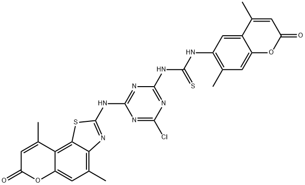 Thiourea,  N-[4-chloro-6-[(4,9-dimethyl-7-oxo-7H-pyrano[2,3-g]benzothiazol-2-yl)amino]-1,3,5-triazin-2-yl]-N-(4,7-dimethyl-2-oxo-2H-1-benzopyran-6-yl)- Struktur