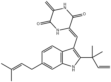 (3Z)-3-[[2-(1,1-Dimethyl-2-propenyl)-6-(3-methyl-2-butenyl)-1H-indol-3-yl]methylene]-6-methylene-2,5-piperazinedione Struktur