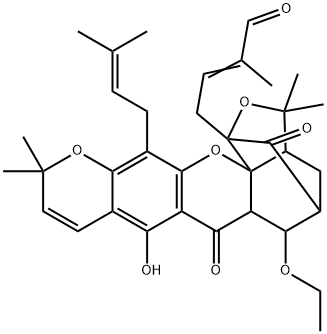 4-[6-Ethoxy-3a,4,5,6,6a,7-hexahydro-8-hydroxy-3,3,11,11-tetramethyl-13-(3-methyl-2-butenyl)-7,15-dioxo-1,5-methano-3H,11H-furo[3,4-g]pyrano[3,2-b]xanthen-1-yl]-2-methyl-2-butenal Struktur