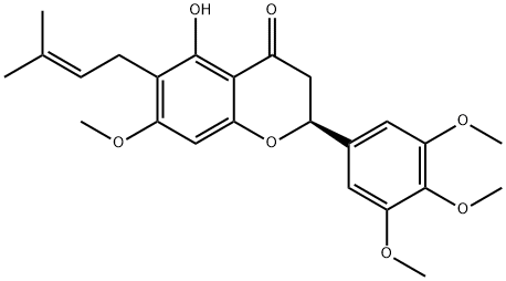 [S,(+)]-2,3-Dihydro-5-hydroxy-7-methoxy-6-(3-methyl-2-butenyl)-2-(3,4,5-trimethoxyphenyl)-4H-1-benzopyran-4-one Struktur