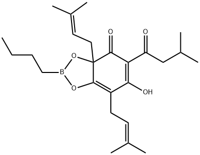 2-Butyl-6-hydroxy-3a,7-bis(3-methyl-2-butenyl)-5-(3-methylbutyryl)-1,3,2-benzodioxaborol-4(3aH)-one Struktur