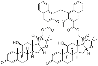 Pregna-1,4-diene-3,20-dione, 21,21'-[methylenebis[(2-methoxy-1,3-naphthalenediyl)carbonyloxy]]bis[9-fluoro-11-hydroxy-16,17-[(1-methylethylidene)bis(oxy)]-, (11beta,16alpha)-(11'beta,16'alpha)- Struktur