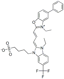 3-ethyl-2-[3-[1-ethyl-1,3-dihydro-3-(4-sulphonatobutyl)-5-(trifluoromethyl)-2H-benzimidazol-2-ylidene]prop-1-enyl]-5-phenylbenzoxazolium  Struktur