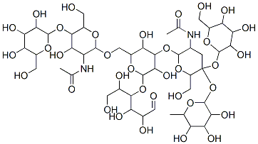 N-[2-[2-[[3-acetamido-4-hydroxy-6-(hydroxymethyl)-5-[3,4,5-trihydroxy-6-(hydroxymethyl)oxan-2-yl]oxyoxan-2-yl]oxymethyl]-3,5-dihydroxy-6-(1,2,4,5-tetrahydroxy-6-oxohexan-3-yl)oxyoxan-4-yl]oxy-6-(hydroxymethyl)-5-[3,4,5-trihydroxy-6-(hydroxymethyl)oxan-2-yl]oxy-5-(3,4,5-trihydroxy-6-methyloxan-2-yl)oxyoxan-3-yl]acetamide Struktur