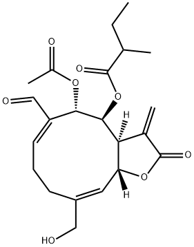 (3aS,6E,10Z)-3-Methylene-4α-(2-methylbutanoyloxy)-5β-acetoxy-6-formyl-10-(hydroxymethyl)-2,3,3aβ,4,5,8,9,11aα-octahydrocyclodeca[b]furan-2-one Struktur