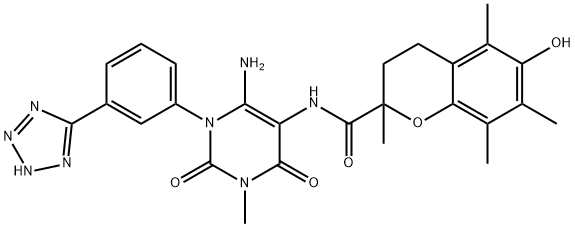 2H-1-Benzopyran-2-carboxamide,  N-[6-amino-1,2,3,4-tetrahydro-3-methyl-2,4-dioxo-1-[3-(1H-tetrazol-5-yl)phenyl]-5-pyrimidinyl]-3,4-dihydro-6-hydroxy- Struktur