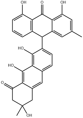 6,7-Dihydro-1,4',5',6,9-pentahydroxy-2',6-dimethyl[2,9'-bianthracene]-8,10'(5H,9'H)-dione Struktur