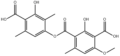 2-Hydroxy-4-methoxy-6-methyl-1,3-benzenedicarboxylic acid 1-(4-carboxy-3-hydroxy-2,5-dimethylphenyl) ester Struktur