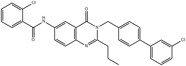 2-Chloro-N-(3-((3'-chlorobiphenyl-4-yl)methyl)-2-ethyl-4-oxo-3,4-dihydroquinazolin-6-yl)benzam Struktur