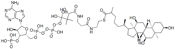 [(2R,3S,4R,5R)-5-(6-aminopurin-9-yl)-4-hydroxy-2-[[hydroxy-[hydroxy-[3-hydroxy-2,2-dimethyl-3-[2-[2-[(6R)-2-methyl-6-[(3R,5S,7R,8S,9S,10R,12S,13R,14S)-3,7,12-trihydroxy-5,10,13-trimethyl-1,2,3,4,6,7,8,9,11,12,14,15,16,17-tetradecahydrocyclopenta[a]phenanthren-17-yl]heptanoyl]sulfanylethylcarbamoyl]ethylcarbamoyl]propoxy]phosphoryl]oxy-phosphoryl]oxymethyl]oxolan-3-yl]oxyphosphonic acid Struktur