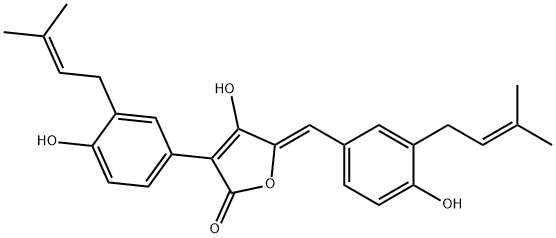 4-Hydroxy-3-[4-hydroxy-3-(3-methyl-2-butenyl)phenyl]-5-[(Z)-[4-hydroxy-3-(3-methyl-2-butenyl)phenyl]methylene]-2(5H)-furanone Struktur