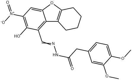 Benzeneacetic acid, 3,4-dimethoxy-, [(6,7,8,9-tetrahydro-2-hydroxy-3-nitro-1-dibenzofuranyl)methylene]hydrazide (9CI) Struktur