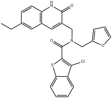 Benzo[b]thiophene-2-carboxamide, 3-chloro-N-[(6-ethyl-1,2-dihydro-2-oxo-3-quinolinyl)methyl]-N-(2-furanylmethyl)- (9CI) Struktur