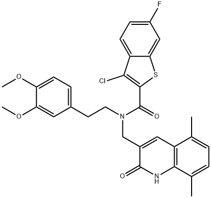 Benzo[b]thiophene-2-carboxamide, 3-chloro-N-[(1,2-dihydro-5,8-dimethyl-2-oxo-3-quinolinyl)methyl]-N-[2-(3,4-dimethoxyphenyl)ethyl]-6-fluoro- (9CI) Struktur