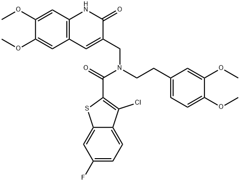 Benzo[b]thiophene-2-carboxamide, 3-chloro-N-[(1,2-dihydro-6,7-dimethoxy-2-oxo-3-quinolinyl)methyl]-N-[2-(3,4-dimethoxyphenyl)ethyl]-6-fluoro- (9CI) Struktur