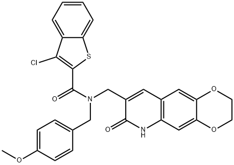 Benzo[b]thiophene-2-carboxamide, 3-chloro-N-[(4-methoxyphenyl)methyl]-N-[(2,3,6,7-tetrahydro-7-oxo-1,4-dioxino[2,3-g]quinolin-8-yl)methyl]- (9CI) Struktur